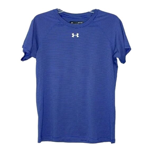 ❤️ 🆕 UNDER ARMOUR Heat Gear Womens Blue/White Striped SS Tee Shirt Size S - Picture 1 of 5